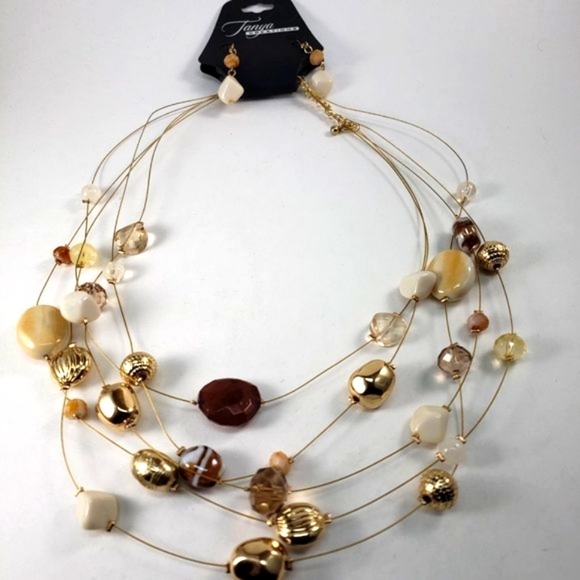 Gold tone Layered colorful Beaded Statement Necklace w/ Matching Earrings Women - Picture 4 of 9